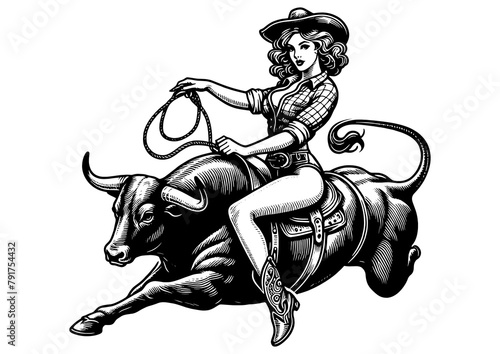 Pin-up woman bull cowgirl in full rodeo action, riding bull with a lasso sketch engraving generative ai fictional character PNG illustration. Scratch board imitation. Black and white image.