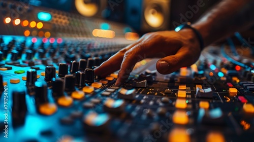 Audio engineer's hand fine-tuning music on a professional mixing console with AI generative precision