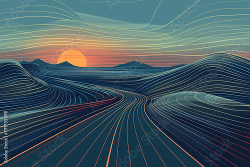 Stylized digital landscape with sunset over undulating blue lines