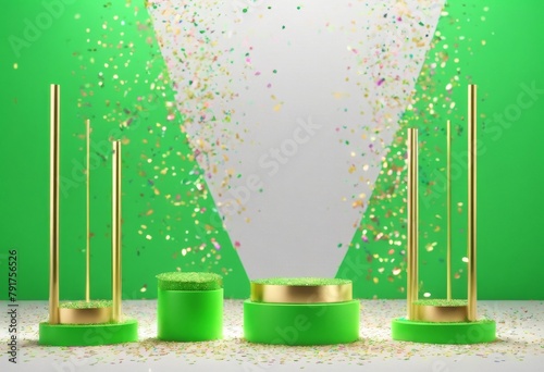 'anniversary rendering podiums splay stands minimal neon green products Bright golden advertising three lines colorful simple product confetti luxury celebration 3D display gol'