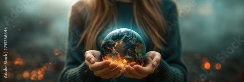 An emotive image of a woman holding a burning globe, symbolizing climate change and the need for environmental conservation