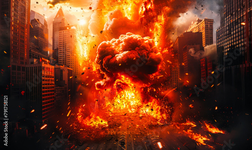 Apocalyptic Urban Explosion with Fiery Blast and Smoke in City