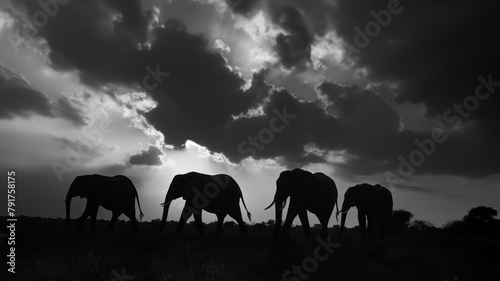 Black and white photography of the elephant family taken on safari, dark with clouds. Animal photography
