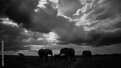 Black and white photography of the elephant family taken on safari, dark with clouds. Animal photography