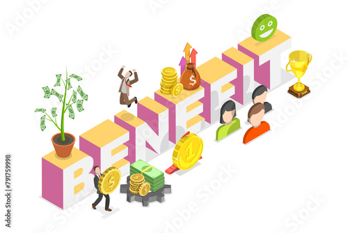3D Isometric Flat Illustration of Benefit, Company Staff Perks Package