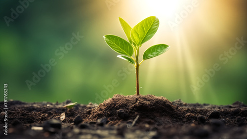 Young plant growing in soil with sunlight. Close-up shot with bokeh background. New life and environmental conservation concept for design and print.