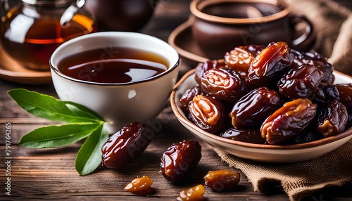 Fresh Medjool Dates in a bowl with tea on wooden background. 