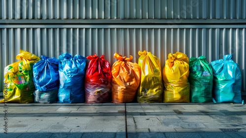 Assorted colored trash bags against a corrugated metal wall