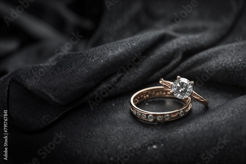 Anelli di gioielleria con diamanti su tessuto nero- lusso e raffinatezza