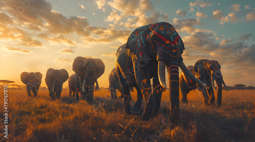 A herd of elephants adorned with intricate tribal body paint, marching majestically across the African savanna at sunset. Epic photoshoot.