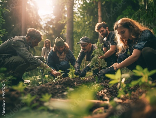 A group of people are planting trees in a forest. The group consists of five people, including a man and a woman. They are all working together to plant the trees