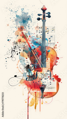 A colorful painting of a violin with a splash of watercolor paint