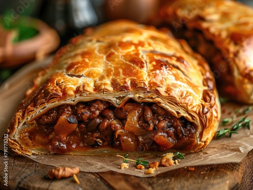 Cornish Pasty Tradition: Handheld Pie with Hearty Filling - Rustic Visuals - Soft Lighting - Close-up of Pasty 