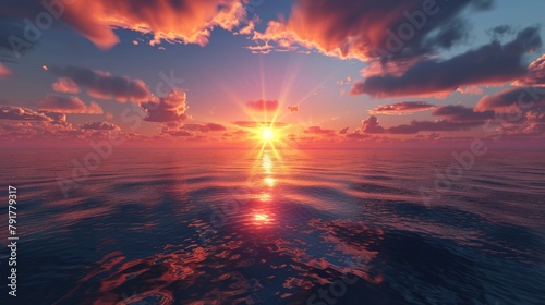 Sunset over calm ocean with vibrant clouds