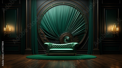 Digital backdrop for photography featuring emerald Green Classic Sofa in an Elegant Vintage Room with Round Architecture
