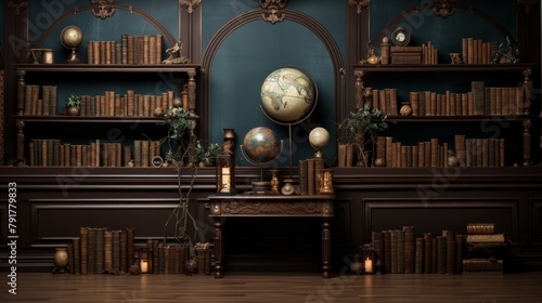 Classic Vintage Study Room with Globes Books and Wooden Shelves in Dim Candlelight