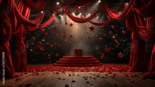 A red stage with a podium and red curtains. There are stars falling from the top and red confetti on the floor.