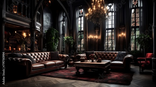 an image of a hauntingly beautiful living room, characterized by its dark ambiance, soaring ceilings, a vintage leather sofa, and ornate chandeliers reminiscent of gothic architecture