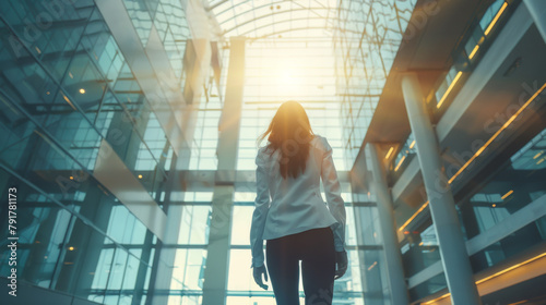 Business woman looking up at the glass ceiling and walking alone in the atrium of a modern office building