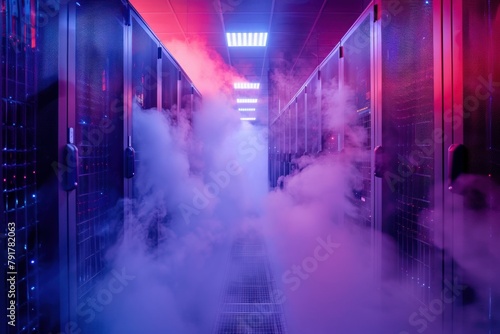 Server room filled with purple and red smoke