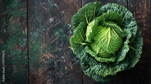 Savoy cabbage on artistic painted wooden background. Food art concept with rich texture and vibrant greens.
