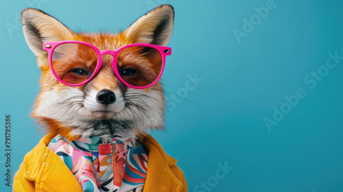 Funny fox wearing pink sunglasses and yellow knit jacket or jumper on blue background, creative photo.