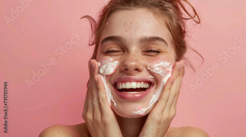 Photorealistic of A happy-faced woman uses cosmetics containing hyaluronic acid to plump up her skin