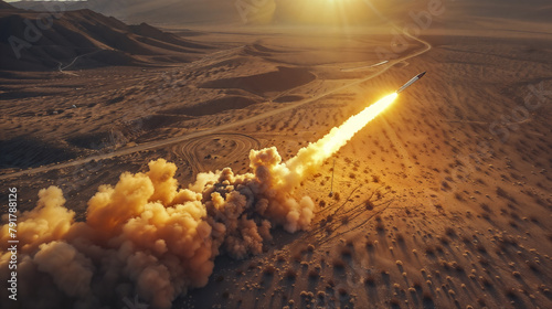 Missile launch at sunset in desert terrain