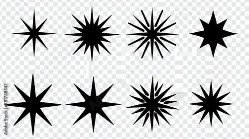 a set of black and white stars on a transparent background