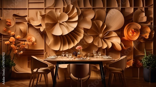 an image that portrays the sophistication of a culinary space adorned with exquisite wooden art installations