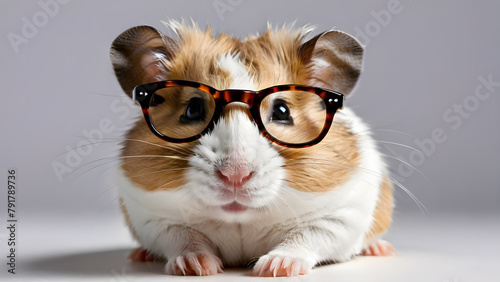 Cute guinea pig wearing eyeglasses on grey background.