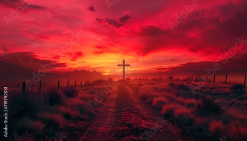 Red sky at sunset. Beautiful landscape with road leads up to cross. Religion concept.Christianity background Concept of hope, faith, christianity, religion, church kingdom of god