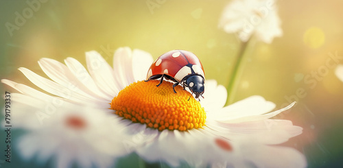 a ladybug sitting on top of a flower with a blurry background behind it and a blurry background behind it