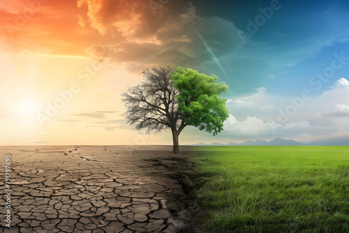 Dry land and dying tree- climate change concept