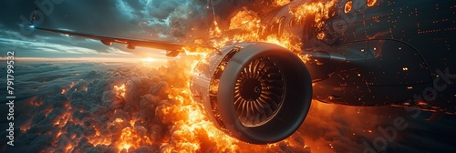 Aircraft ablaze mid-flight: symbolizing airborne emergency and crisis.