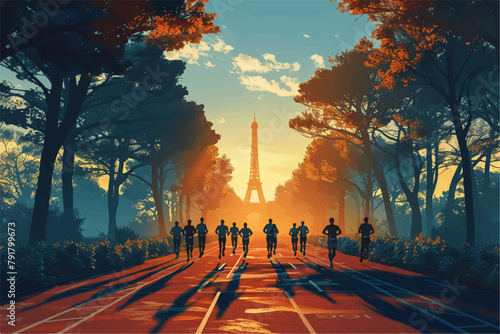 Illustration of runners in paris with eiffel tower in the background, vectorial design