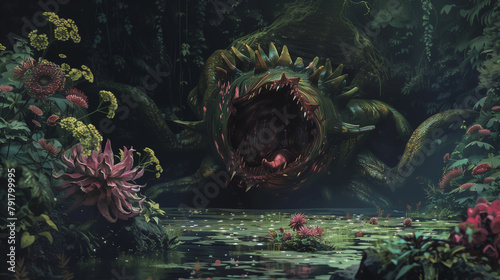  a monstrous man-eating flower lurks amidst a bed of unsuspecting blooms, waiting to ensnare any who dare draw near. 