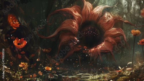  a monstrous man-eating flower lurks amidst a bed of unsuspecting blooms, waiting to ensnare any who dare draw near. 