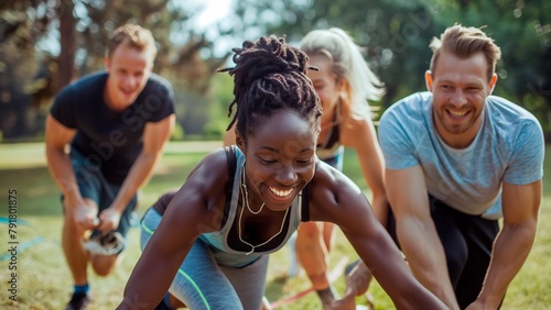 A group participating in a fun fitness challenge at the park.