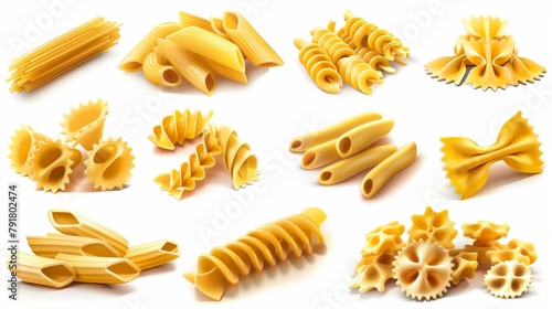 A set of dry macaroni and pasta, including penne, fusilli, rigatoni, conchiglie, farfalle, and chiferri isolated on white background, design elements for food advertising.