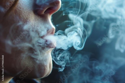 Close-up of a person exhaling smoke, creating a mysterious and moody atmosphere.