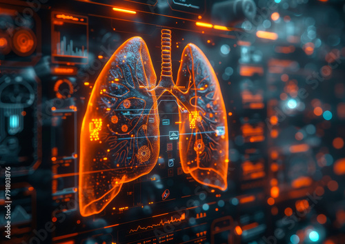 Human lungs are surrounded by glowing orange medical interface.