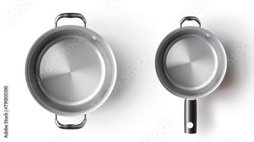 This modern mockup shows an empty stainless pan and frying pan with handles. It is isolated on white.