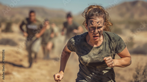 Woman running in desert during military training exercise.