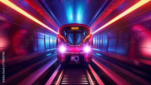 Commuter railway train in a metro tunnel, locomotive on rails with glowing headlights. A realistic 3D modern illustration of an underground train.