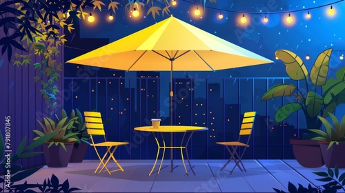 In the evening, a cafe terrace with plants and garland lights looks like a cityscape with a cafe patio with table, umbrella, and chairs. Modern cartoon illustration with cafe patio at night.