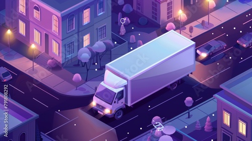 Isometric landing page for refrigerator transportation. A moving van with cold freight riding along a GPS navigator route. Distribution 3D modern banner.