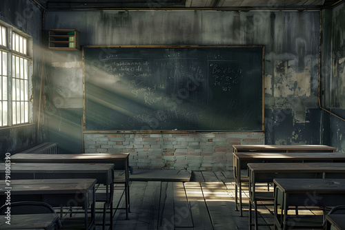 Broken black board. Unhappy student in old classroom include old desks, a dusty blackboard, torn textbooks, and school.