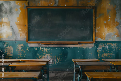 Uneducated and poor student on closed school. Broken black board. Unhappy student in old classroom include old desks, a dusty blackboard, torn textbooks, and school.