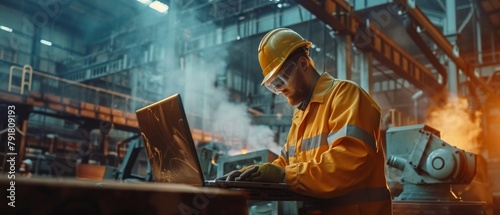 The heavy industry manufacturing factory is shown in the background, where welding/ metalworking processes are taking place. An industrial engineer wearing a hard hat is seen using a touch screen